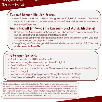 Bild vergr��ern: Stellenausschreibung Orgelmuseum Kassen- und Aufsichtsdienst 2026